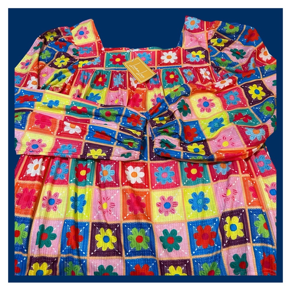 NET!Lemon Love Slightly Stretchy, Size XL, Multi Color Flowers Swing Top Sq Neck